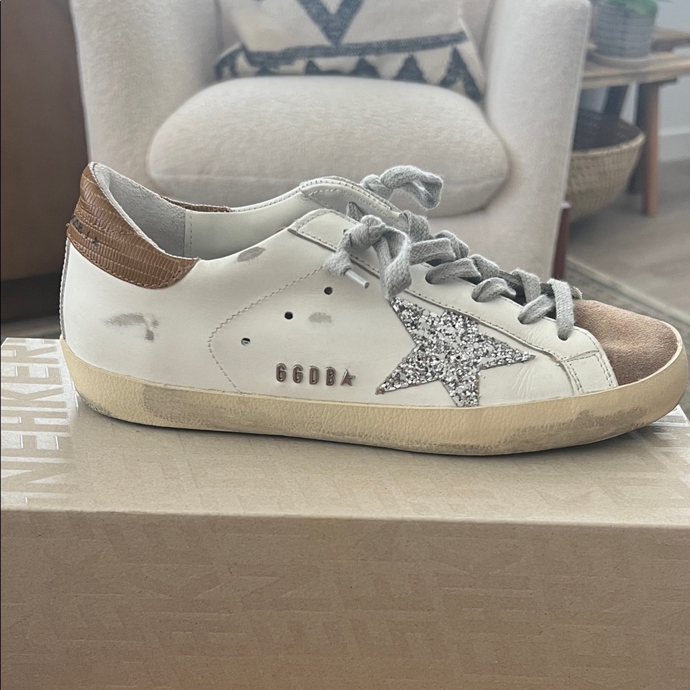 Golden Goose White and Brown Sneakers with Silver Glitter Star